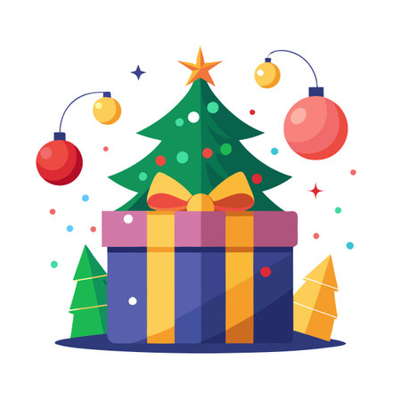 Background of Christmas tree lights and ornaments in a present box. AI generated. Vector iconのイラスト素材