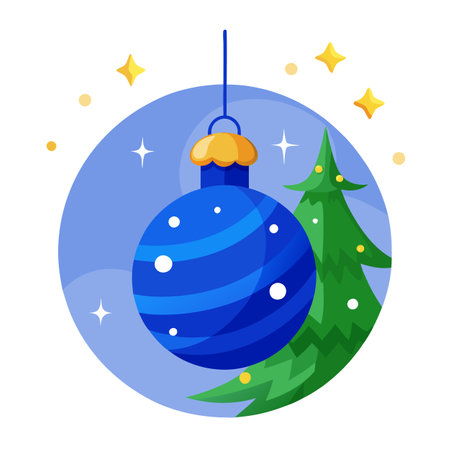 A blue christmas ornament hanging from a christmas tree with lights in the backgrounnd of it.. AI generated. Vector iconのイラスト素材
