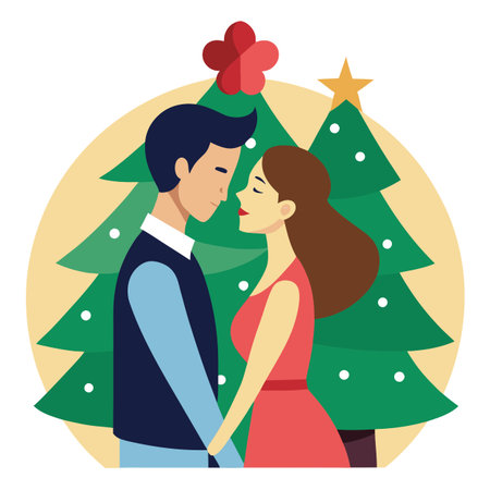 A man and a woman kissing in front of a Christmas tree. image. . AI generated. Vector iconのイラスト素材