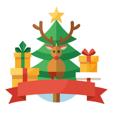 3d illustration Christmas banner of Reindeer with Christmas tree. gift box and decoration. AI generated. Vector iconのイラスト素材