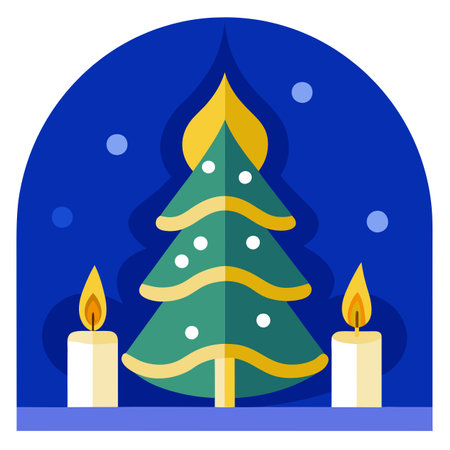 A christmas tree with two lit candles in front of a blue wall with a gold - embossed design.. AI generated. Vector iconのイラスト素材