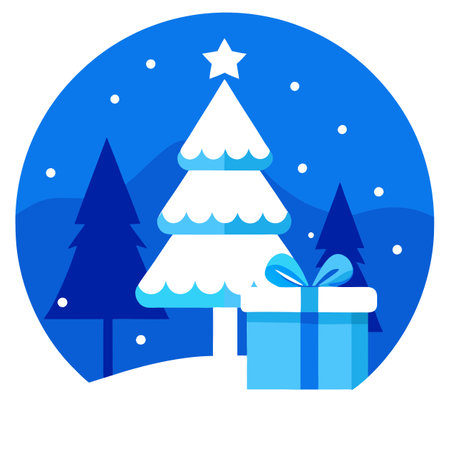 A blue christmas background with a gift box and a white christmas tree. . AI generated. Vector iconのイラスト素材