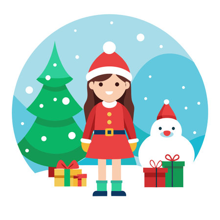 A girl snow christmas scene. copy space. presents. christmas spirit. santa claus family. tree.. AI generated. Vector iconのイラスト素材