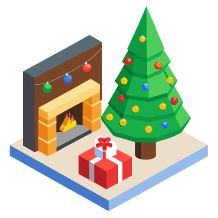 3D-Illustration. christmas scene with decorated tree and fireplace. . AI generated. Vector iconのイラスト素材
