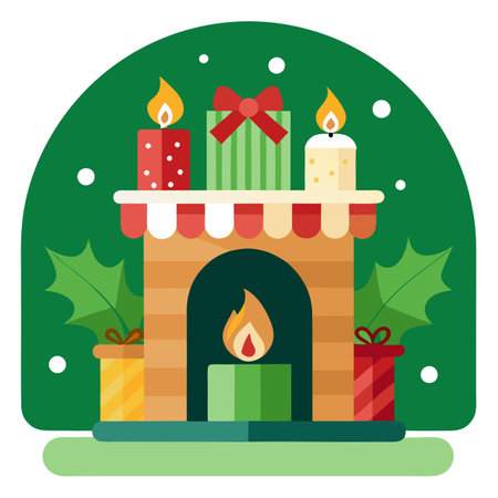 A christmas mantle with candles and ornaments on it and a green background. . AI generated. Vector iconのイラスト素材