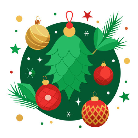 A green christmas background with gold and red ornaments and pine cones. . AI generated. Vector iconのイラスト素材