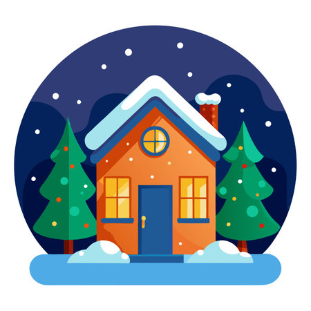 A house exterior with Christmas decorations in the snow. at night. AI generated. Vector iconのイラスト素材