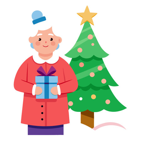 An elderly woman is holding a gift on a Christmas tree. AI generated. Vector iconのイラスト素材