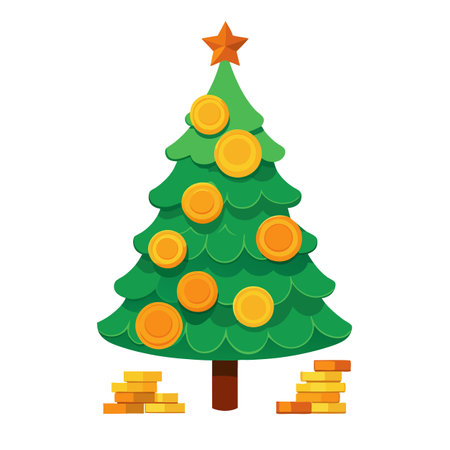 A festive christmas tree made from a pile of coins. Christmas cost and budget concept. AI generated. Vector iconのイラスト素材
