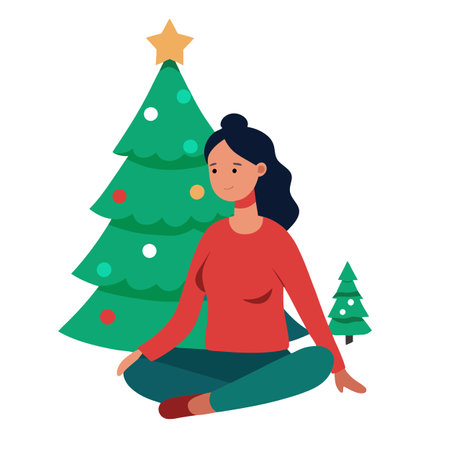 A woman sitting on the floor in front of a christmas tree. . AI generated. Vector iconのイラスト素材
