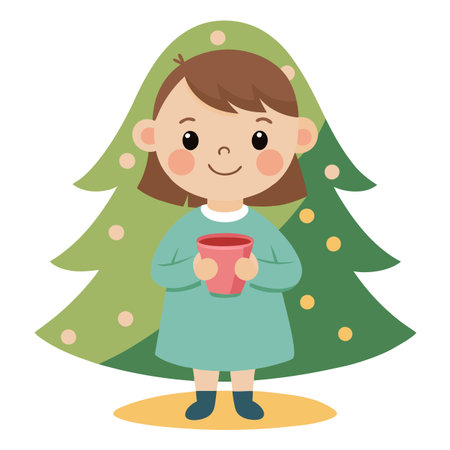 A little girl holding a cup in front of a christmas tree. AI generated. Vector iconのイラスト素材