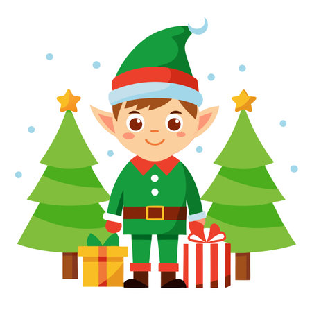 An adorable elf with Christmas gifts and merry christmas background with pine trees.. AI generated. Vector iconのイラスト素材