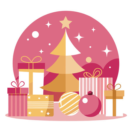 A pink and gold christmas background with presents and ornaments on a pink background. . AI generated. Vector iconのイラスト素材