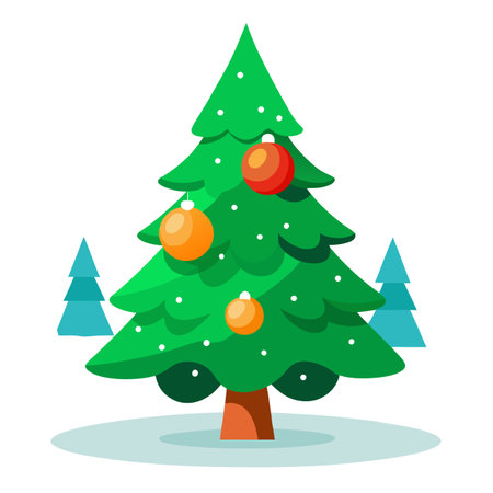 Beautiful green Christmas tree with decorative round balls in the winter forest. AI generated. Vector iconのイラスト素材
