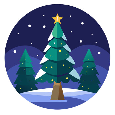 Beautiful christmas tree at night in the winter forest with stars and copy space. AI generated. Vector iconのイラスト素材