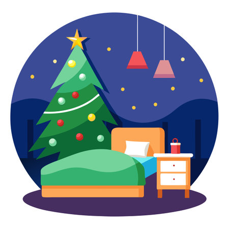 Beautiful Christmas tree with lights and blanket on bed. AI generated. Vector iconのイラスト素材