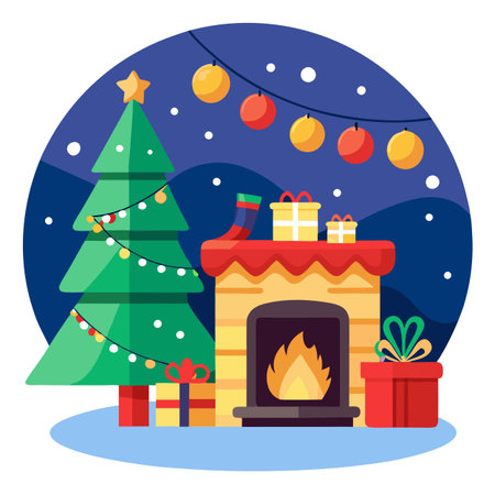 Christmas evening. interior of decorated room and fireplace for the holiday. AI generated. Vector iconのイラスト素材