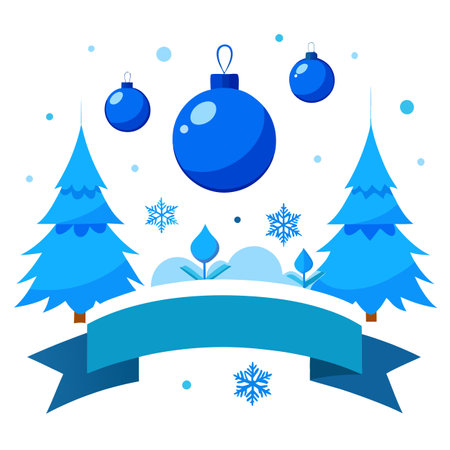 Christmas banner with elegant blue baubles ornament with snow covered tree. AI generated. Vector iconのイラスト素材