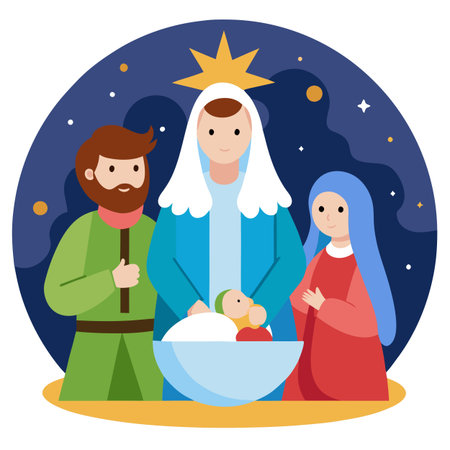 Christmas nativity with lights background. Mary and Joseph with the newborn Jesus. . AI generated. Vector iconのイラスト素材
