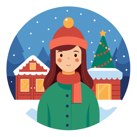 Christmas market in the snow and a girl in a knitted hat.. AI generated. Vector iconのイラスト素材