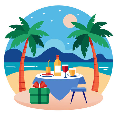 Christmas romantic dinner with gifts on a tropical beach background. . AI generated. Vector iconのイラスト素材