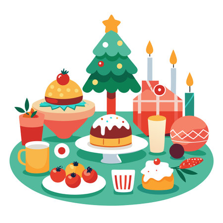 Christmas themed dinner table with variety of delisious dishes. AI generated. Vector iconのイラスト素材
