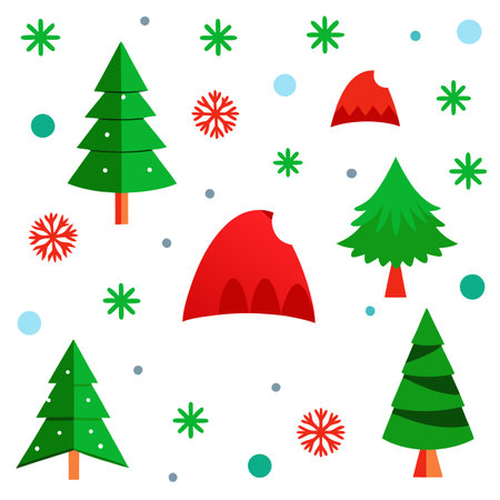 Christmas wallpaper with red caps. green fir trees and flakes. AI generated. Vector iconのイラスト素材