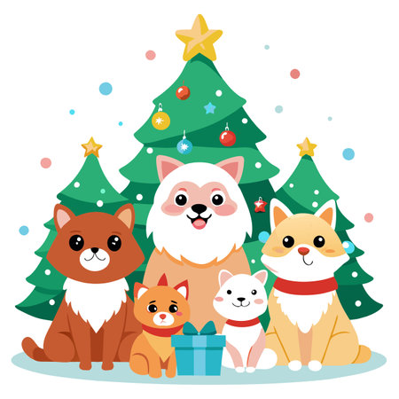 Cute fluffy pets posing for Christmas photo shooting near tree. AI generated. Vector iconのイラスト素材