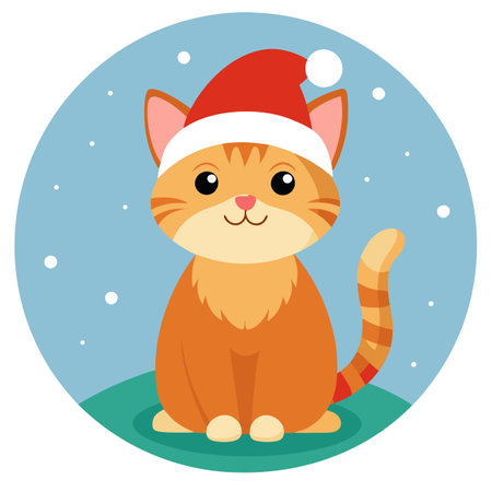 Cute ginger cat in Santa Claus hat on bokeh christmas background. AI generated. Vector iconのイラスト素材