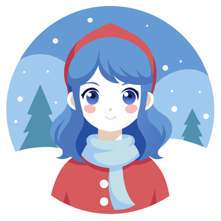 Cute woman in winter Christmas. Romantic wallpaper Anime style characters. . AI generated. Vector iconのイラスト素材