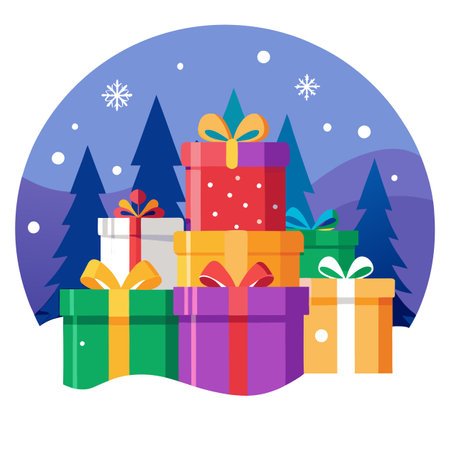 Colorful Christmas presents in a winter landscape with bokeh lighting.. AI generated. Vector iconのイラスト素材