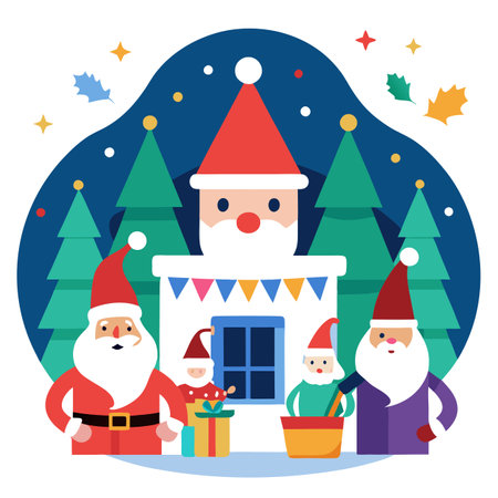 Digital painting of merry christmas party. Santa Clauses in a house illustration painting.. AI generated. Vector iconのイラスト素材