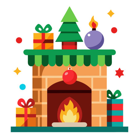 Fireplace at christmas. christmas fireplace decorations. . AI generated. Vector iconのイラスト素材