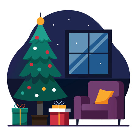In the dark living room. a decorated Christmas tree with a wrapped gift under christmas tree. AI generated. Vector iconのイラスト素材