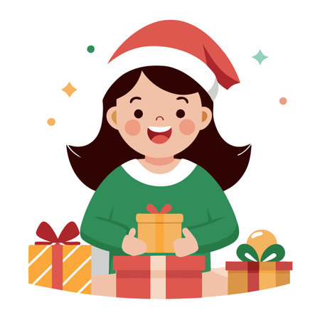 Happy cute girl is surprised in opening his christmas presents. Merry Christmas theme.. AI generated. Vector iconのイラスト素材