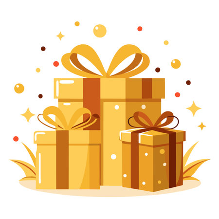Golden Christmas gift boxes. background. sparkles and confetti. celebration background wallpaper. AI generated. Vector iconのイラスト素材