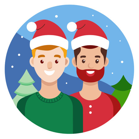 Gay couple in santa claus hats on the christmas street. AI generated. Vector iconのイラスト素材