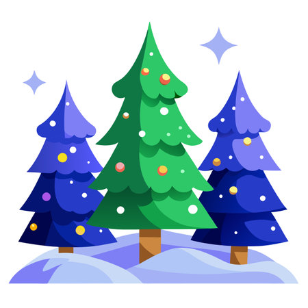 Fabulous and festive illuminated Christmas trees in the snow. digital illustration. AI generated. Vector iconのイラスト素材