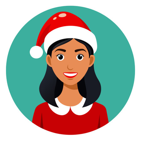 Indian woman smile in santa claus red hat. Christmas background design. AI generated. Vector iconのイラスト素材