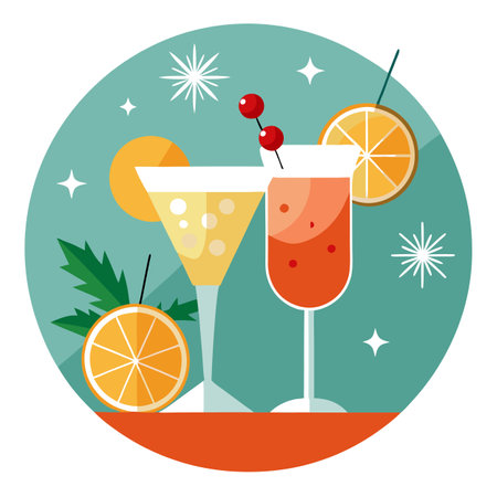 Glasses of cocktails with Christmas decoration on bokeh lights background. AI generated. Vector iconのイラスト素材