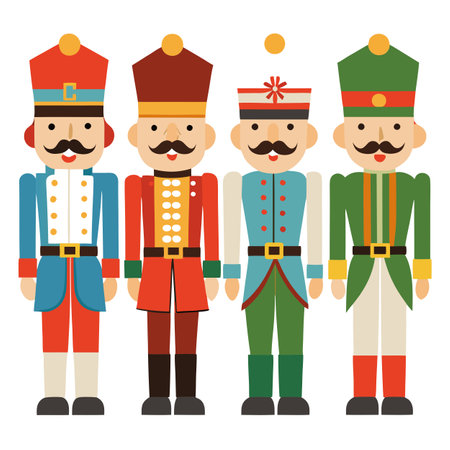Four christmas nutcracker in different soldier dress isolated watercolor clipart. AI generated. Vector iconのイラスト素材