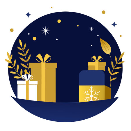 Elegant christmas card with golden gifts and large space for text on dark blue background. AI generated. Vector iconのイラスト素材