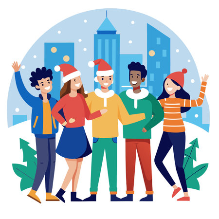Image of trendy teenager friends outdoors celebrating Christmas party in the city. AI generated. Vector iconのイラスト素材