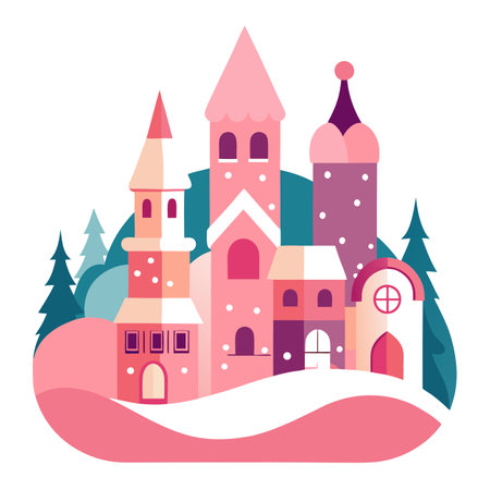 Little pink winter Christmas town. whimsical art. background. digital art. illustration. AI generated. Vector iconのイラスト素材