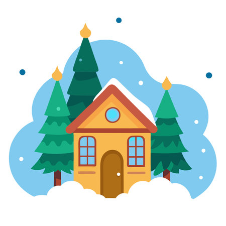 Little house in the snow with Christmas trees. created with . AI generated. Vector iconのイラスト素材