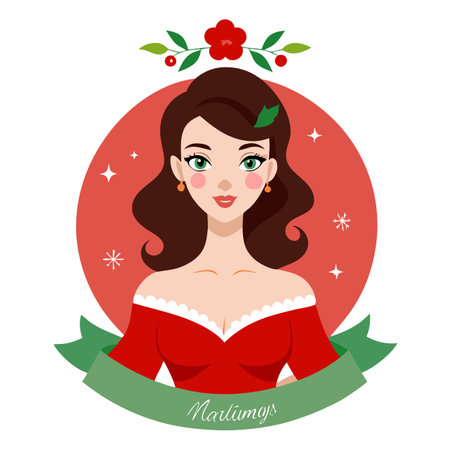 Merry Christmas. Beautiful Xmas woman dressed up for Christmas in the holidays. illustrations. AI generated. Vector iconのイラスト素材