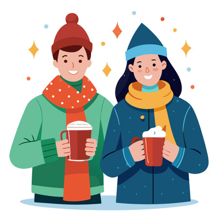People at the Christmas market with mulled wine in their hands.. AI generated. Vector iconのイラスト素材