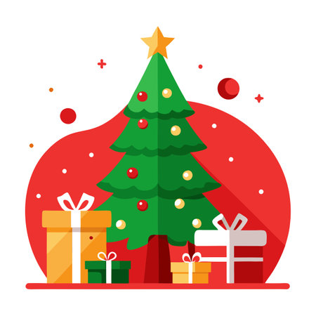 Red christmas background with decorated christmas tree and presents.のイラスト素材
