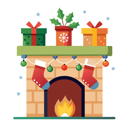 Mantel adorned with holiday decorations. including stockings. garland and festive lights. AI generated. Vector iconのイラスト素材