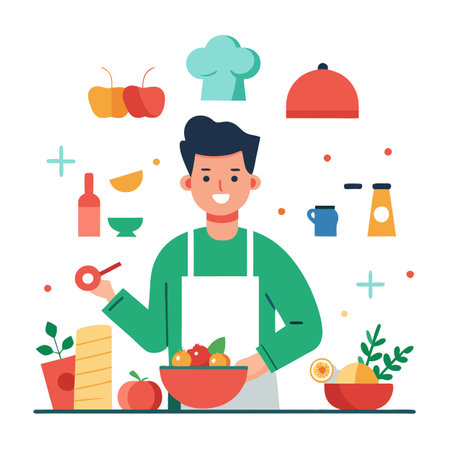 Man preparing delicious and healthy food in the home kitchen for Christmas. AI generated. Vector iconのイラスト素材